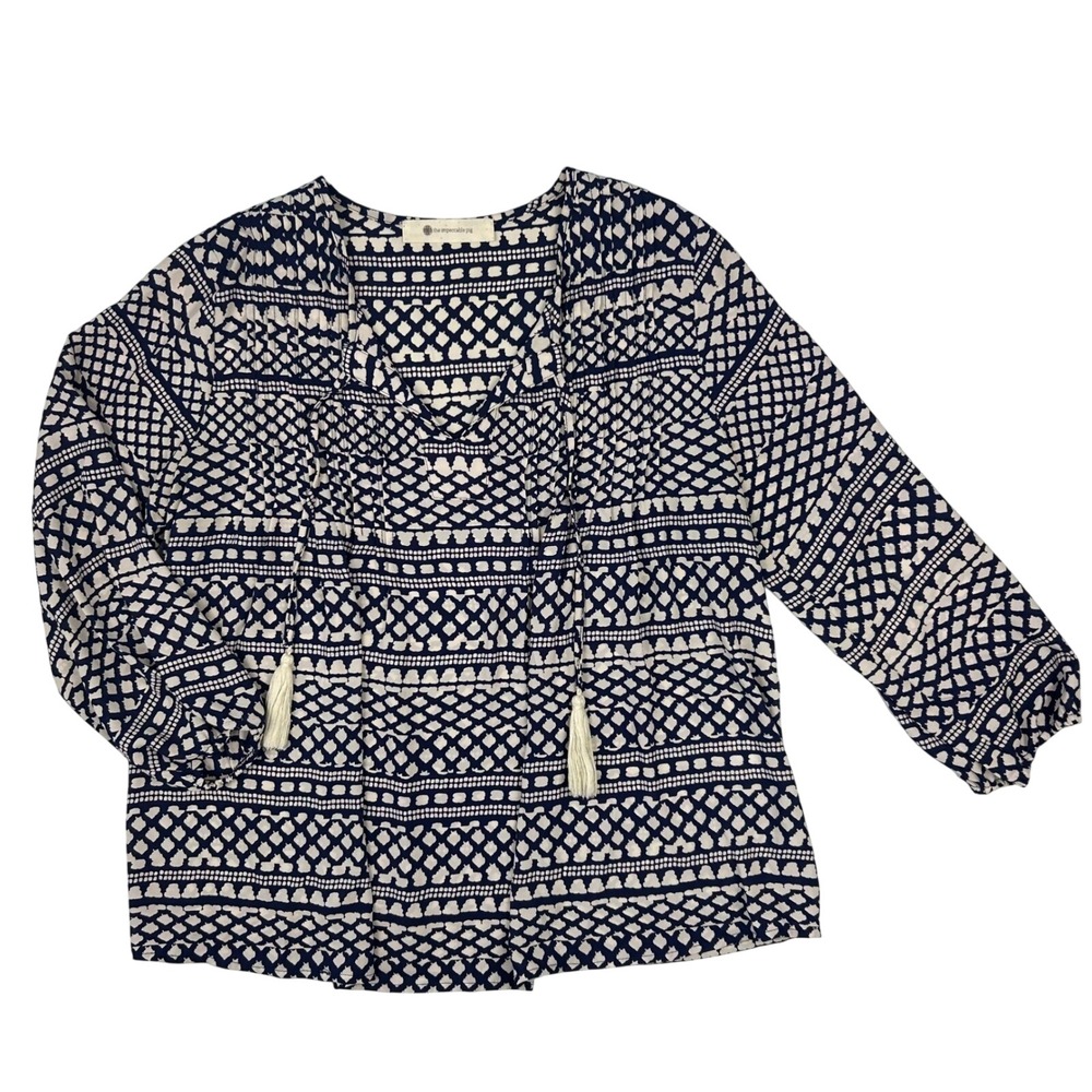 The Impeccable Pig Womens Navy White Geometric Tassel Tie Blouse TS1603-02 L